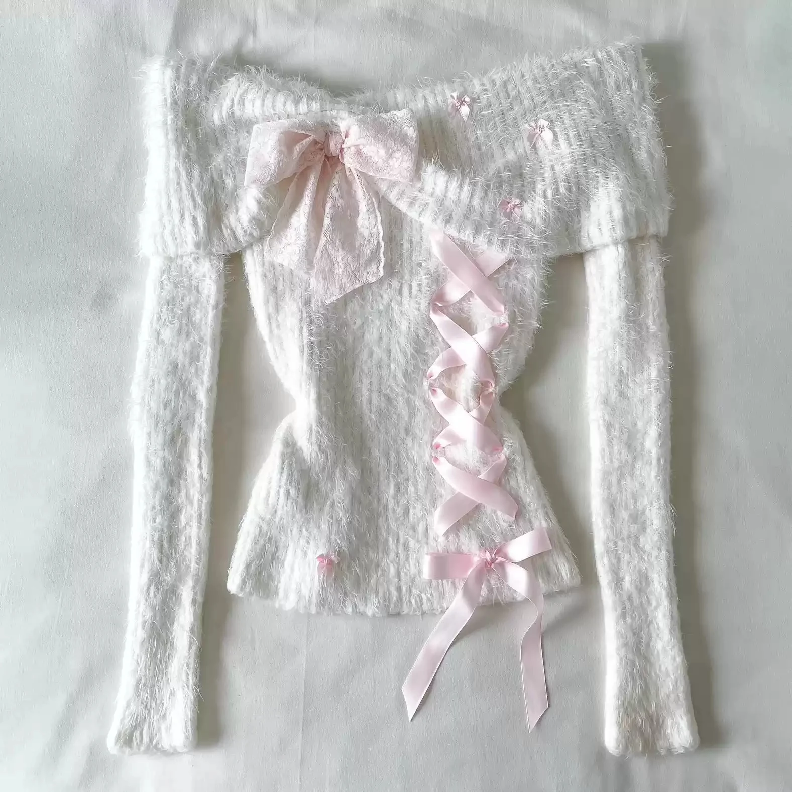 coquette bow retro one-shoulder sweater - Image 3