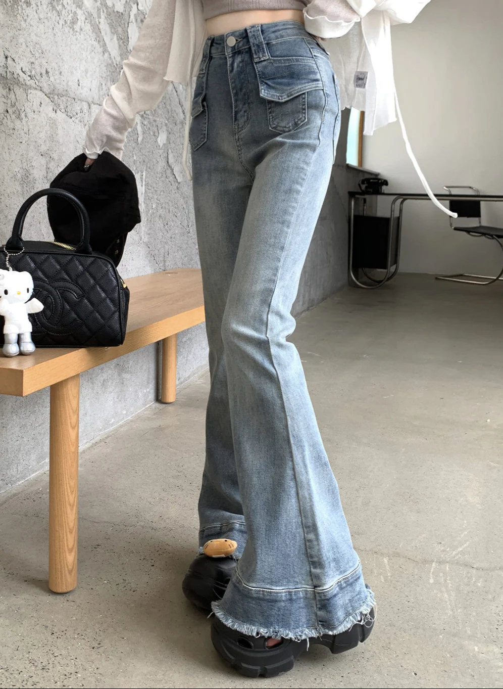Coquette Distressed Bell Bottom Jeans - Image 2