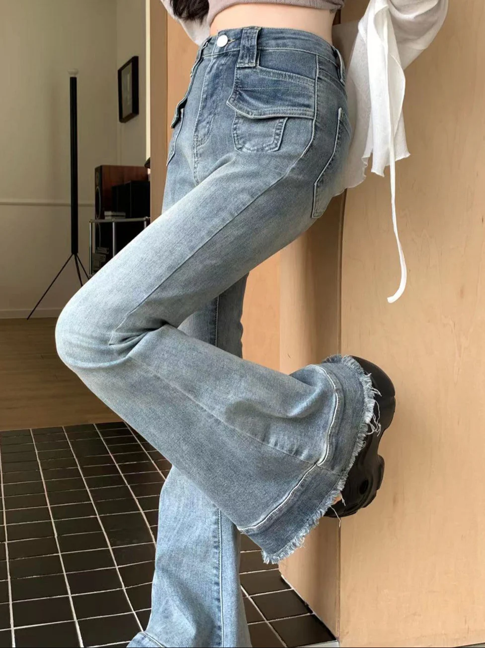 Coquette Distressed Bell Bottom Jeans - Image 3
