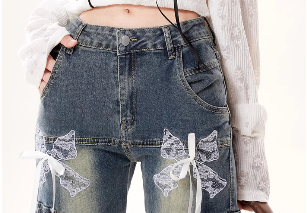 Coquette Lace Bow Bell Bottom Jeans - Image 4