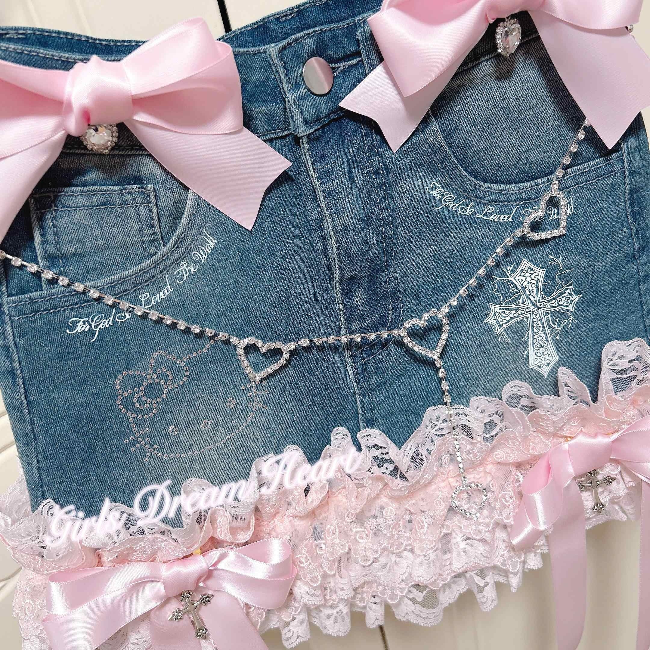 Coquette Lace Bow Dollete Denim Skirt - Image 3
