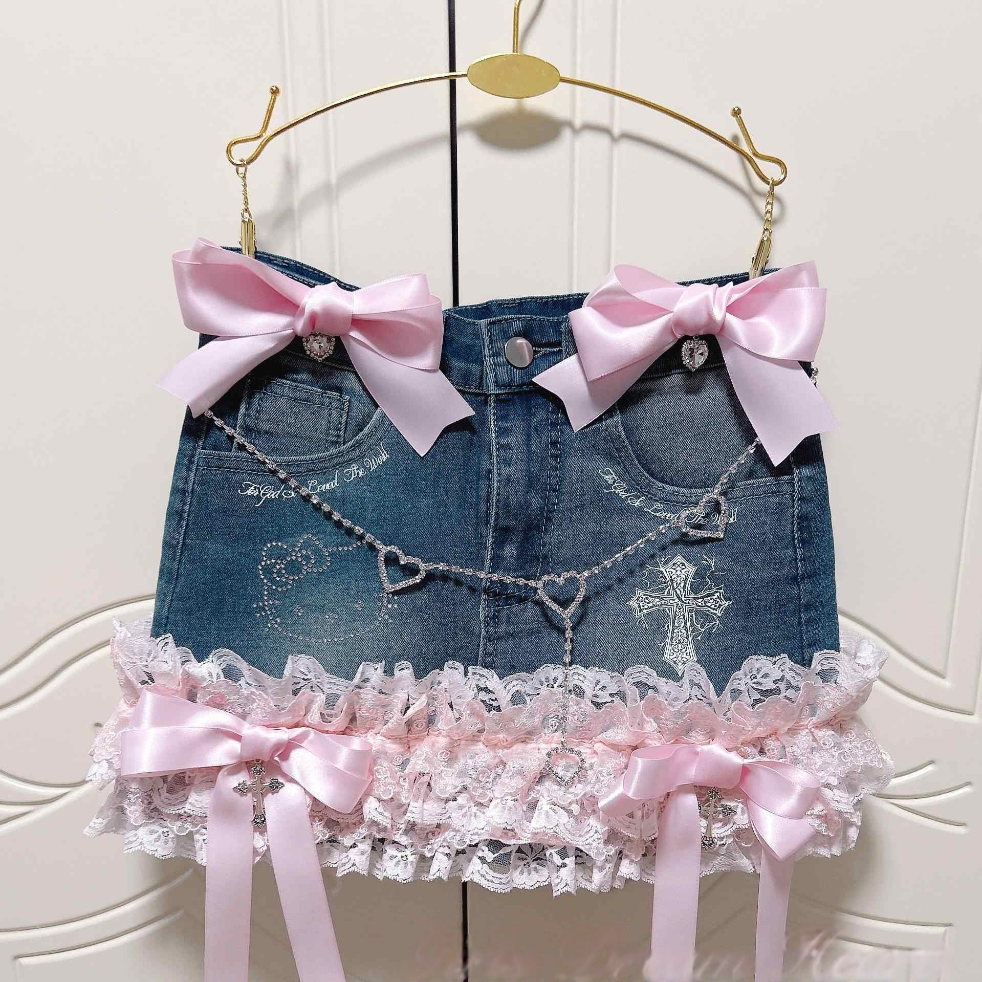 Coquette Lace Bow Dollete Denim Skirt - Image 4