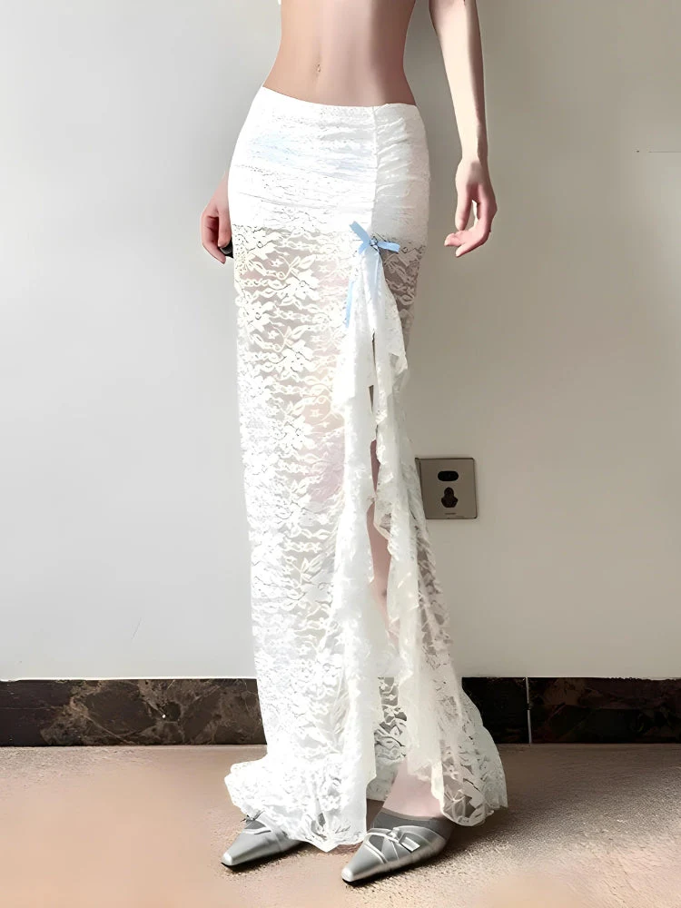 Coquette Lace Ruffled Slit Maxi Skirt - Image 3