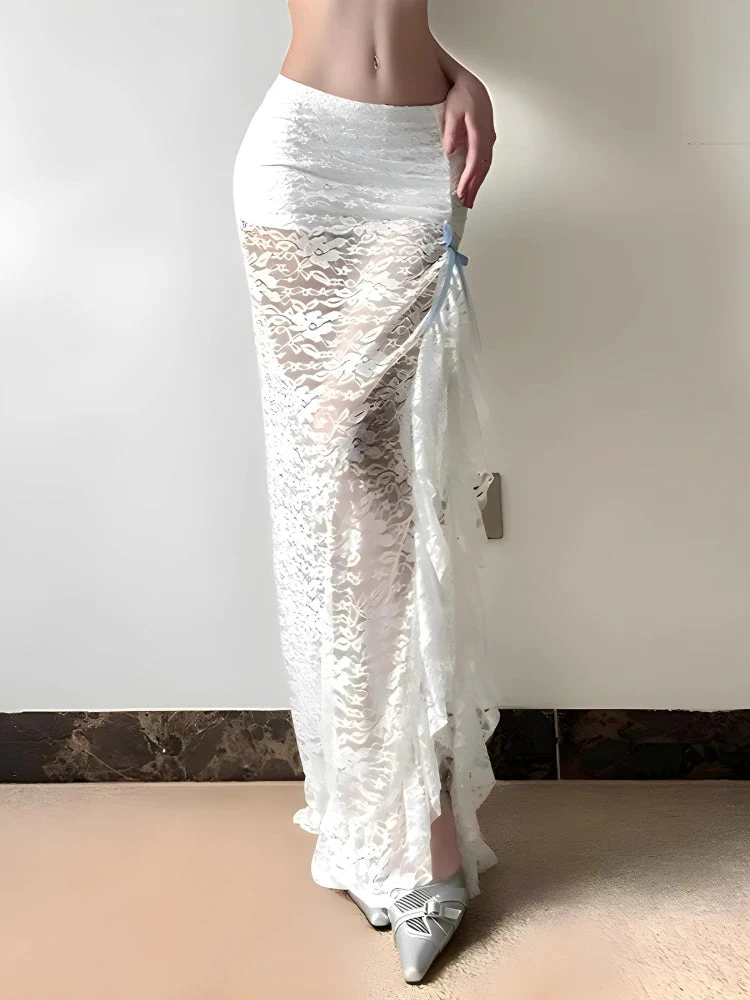 Coquette Lace Ruffled Slit Maxi Skirt - Image 4