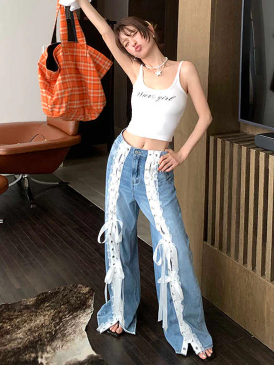 Coquette Lace Straps Wide Leg Jeans - Image 3