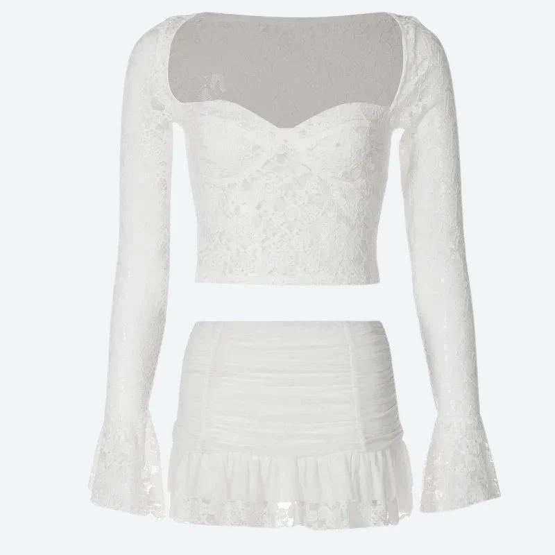 Coquette Lace Top & Ruched Mini Skirt Two Piece Set - Image 4