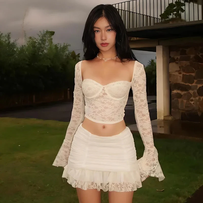 Coquette Lace Top & Ruched Mini Skirt Two Piece Set - Image 7