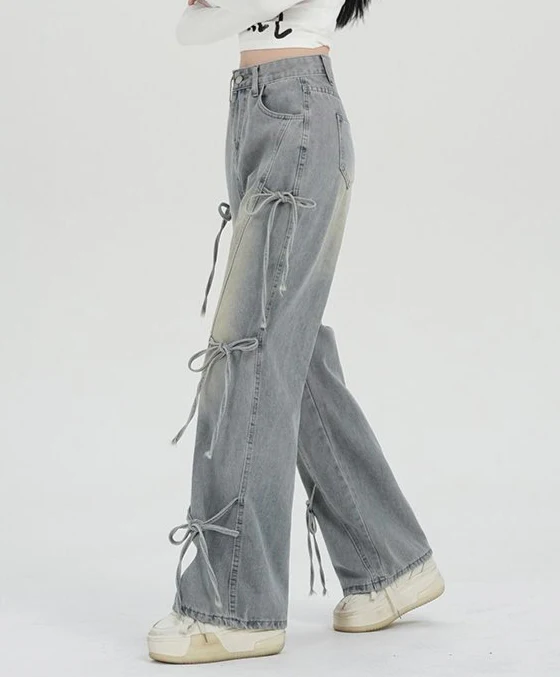Coquette Light Blue Bow-knot Wide-leg Jeans - Image 2