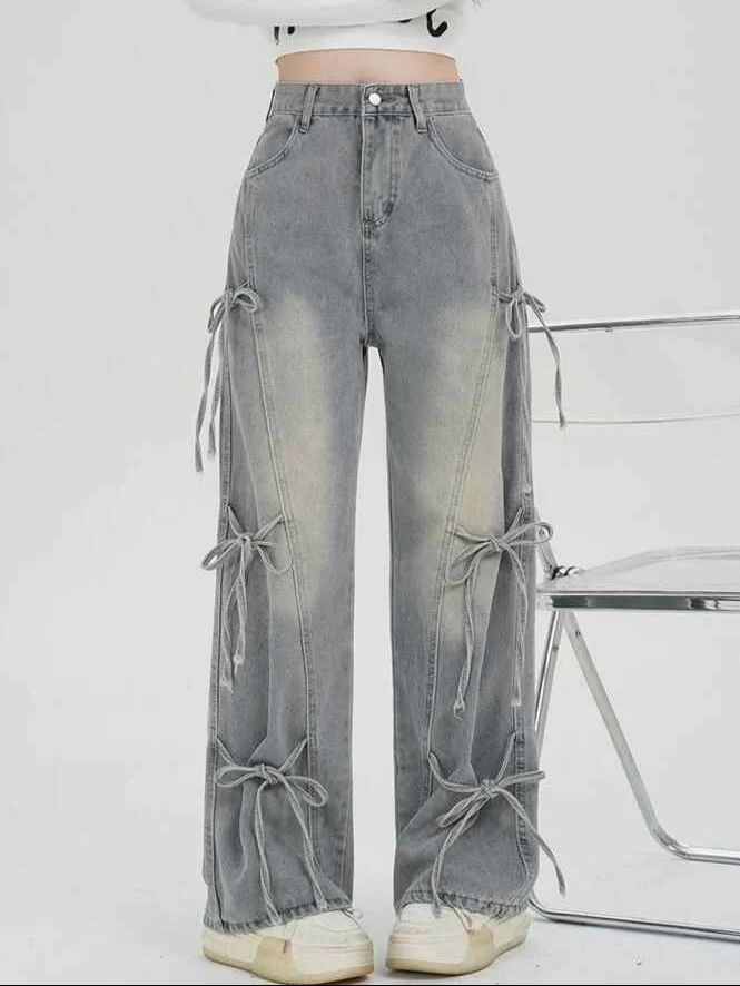 Coquette Light Blue Bow-knot Wide-leg Jeans - Image 5