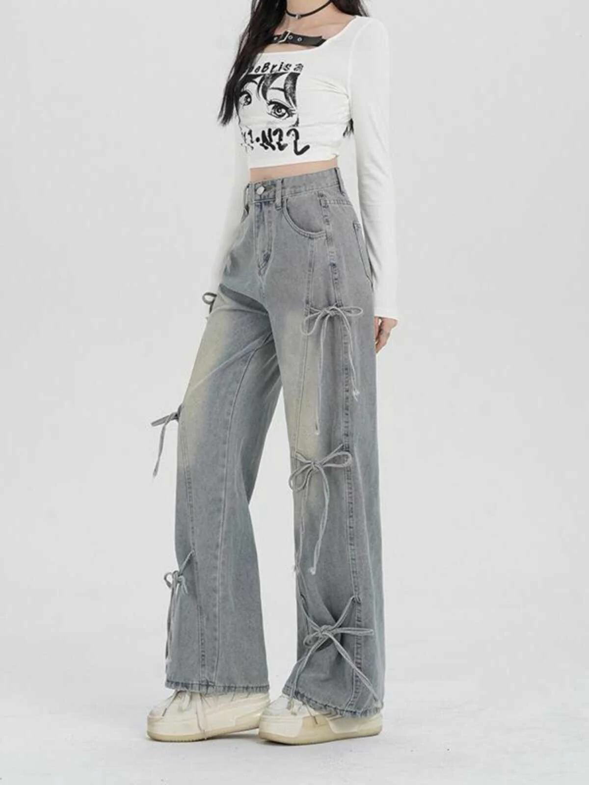Coquette Light Blue Bow-knot Wide-leg Jeans - Image 6