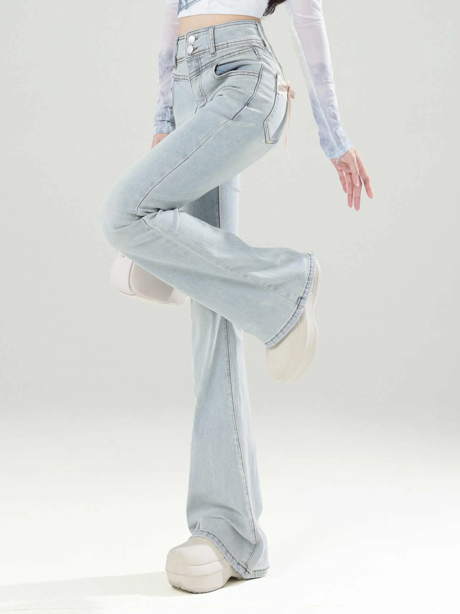 Coquette Light Blue Bow Lace Flare Jeans - Image 2