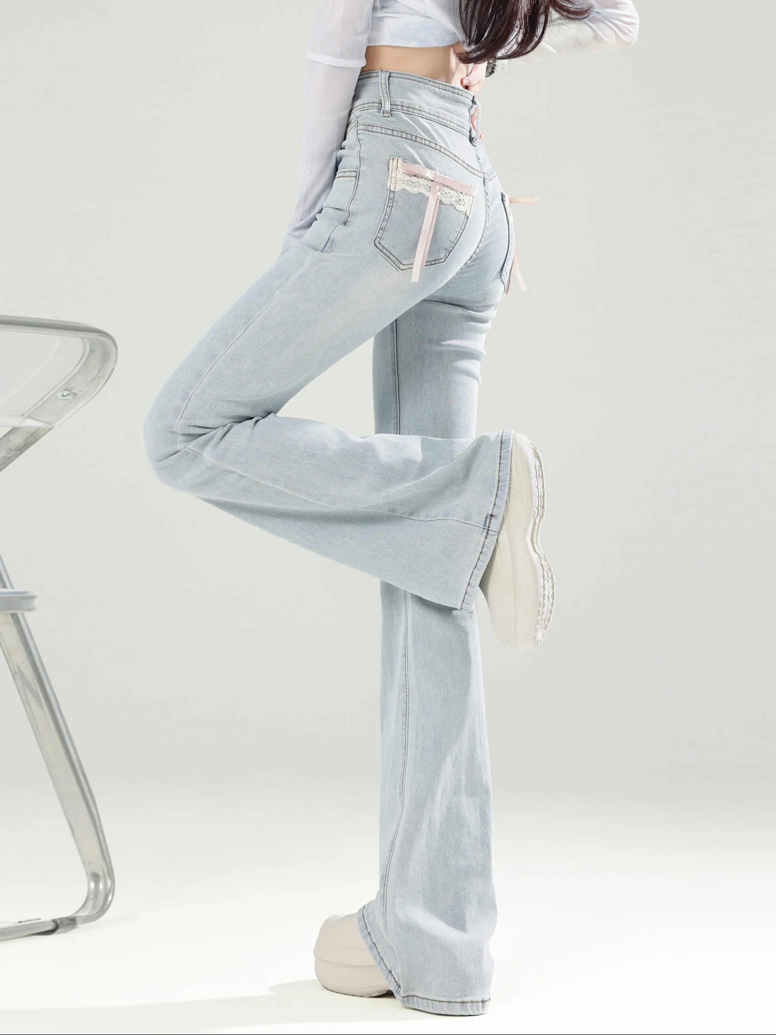 Coquette Light Blue Bow Lace Flare Jeans - Image 3