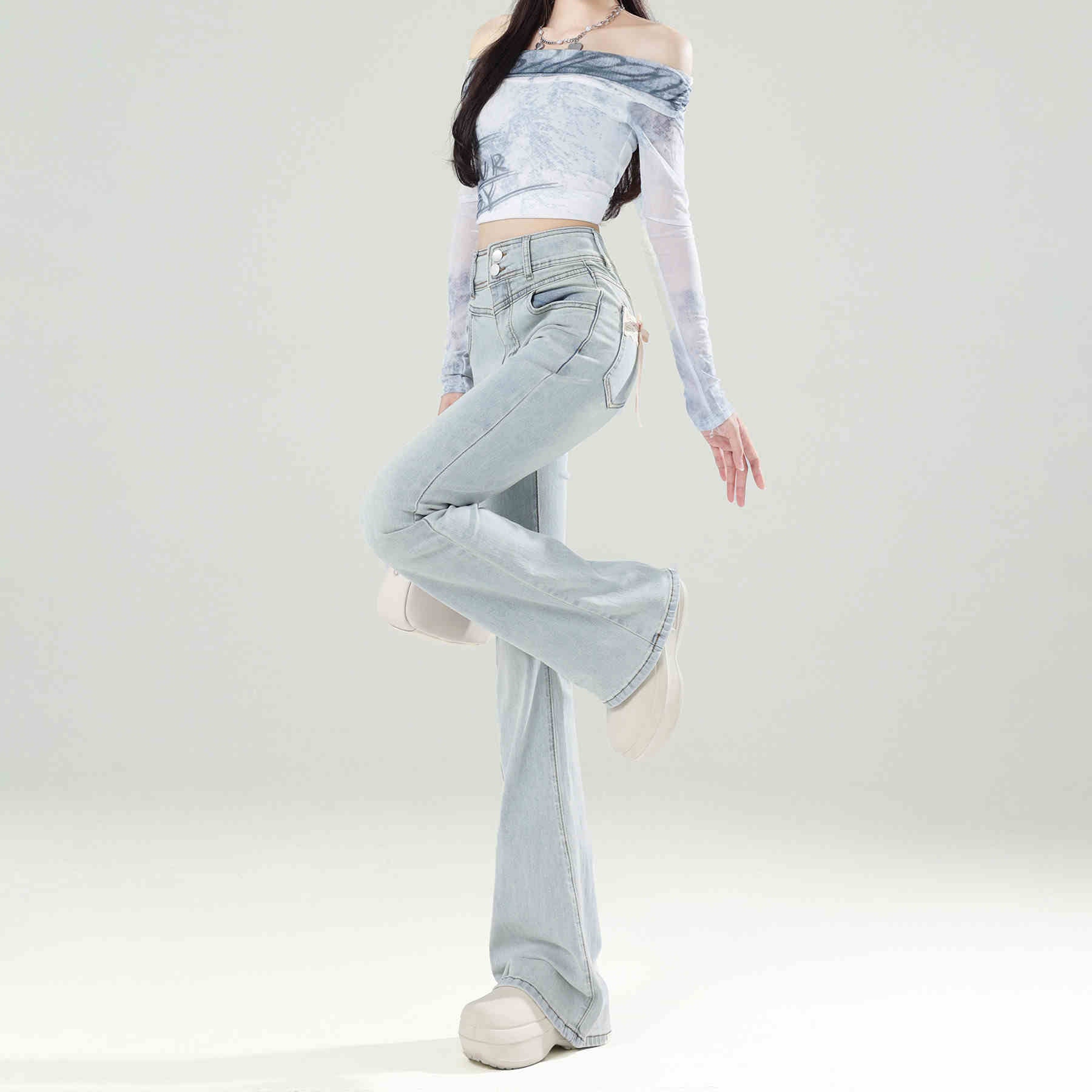 Coquette Light Blue Bow Lace Flare Jeans - Image 4