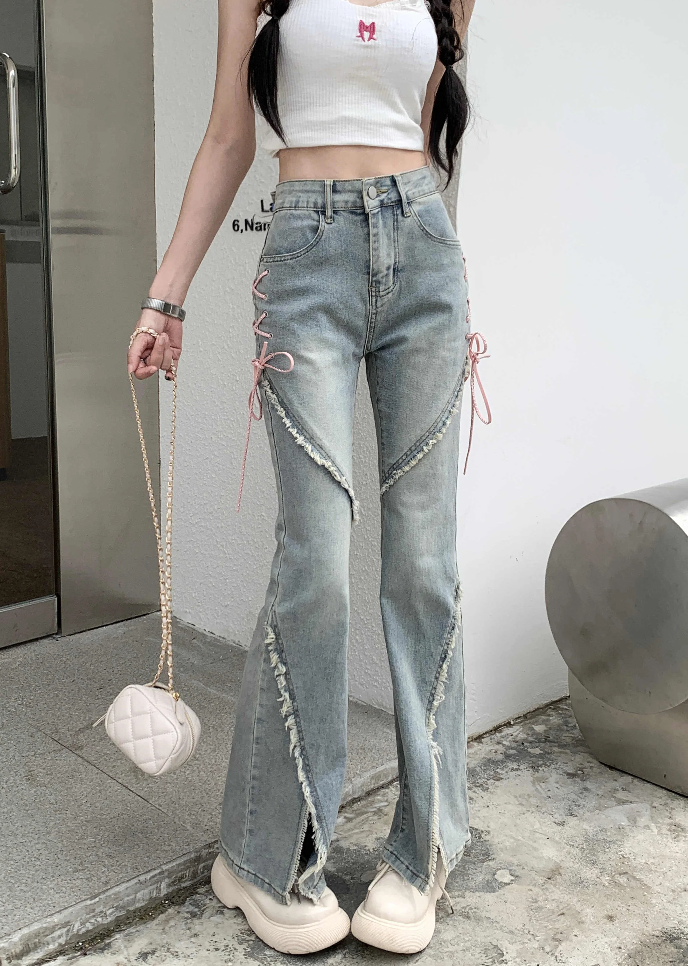 Coquette Pink Bow Strap Flare Jeans - Image 2