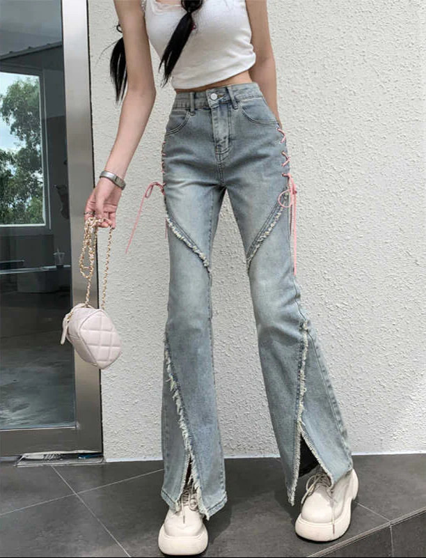 Coquette Pink Bow Strap Flare Jeans - Image 4