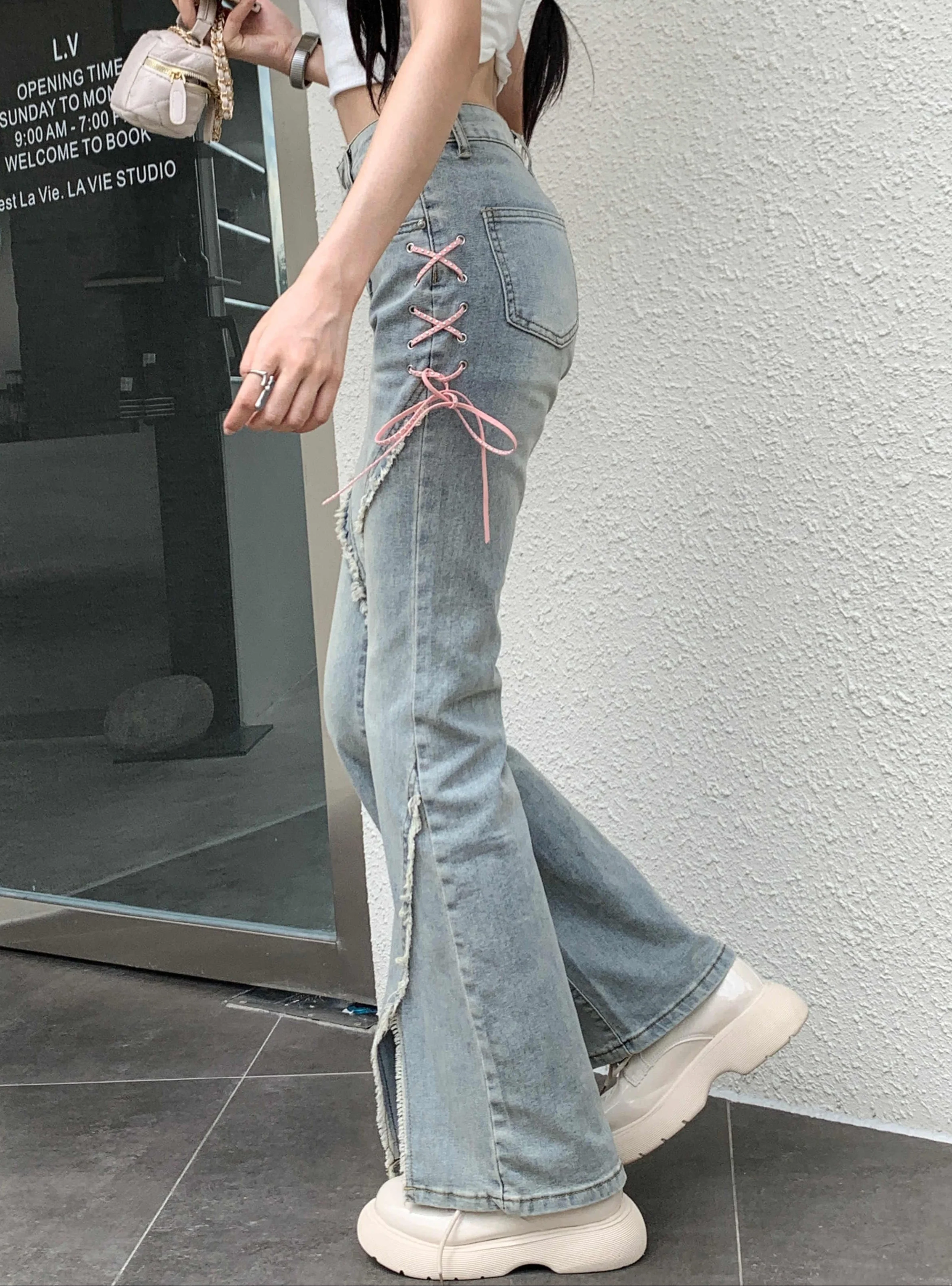 Coquette Pink Bow Strap Flare Jeans - Image 6
