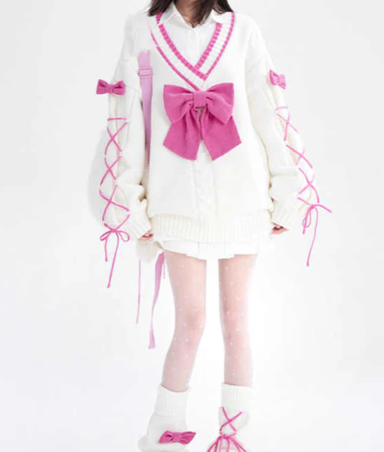 Coquette Pink Bow V-neck Sweater - Image 2