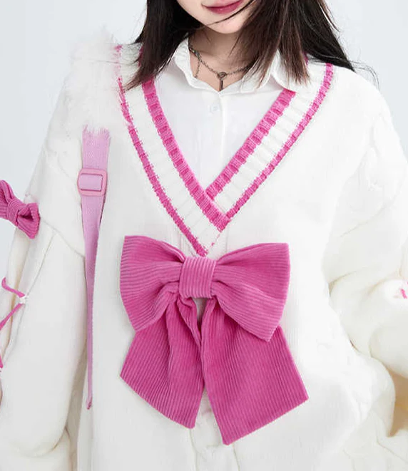 Coquette Pink Bow V-neck Sweater - Image 3