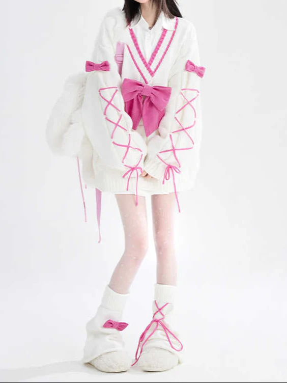 Coquette Pink Bow V-neck Sweater - Image 4