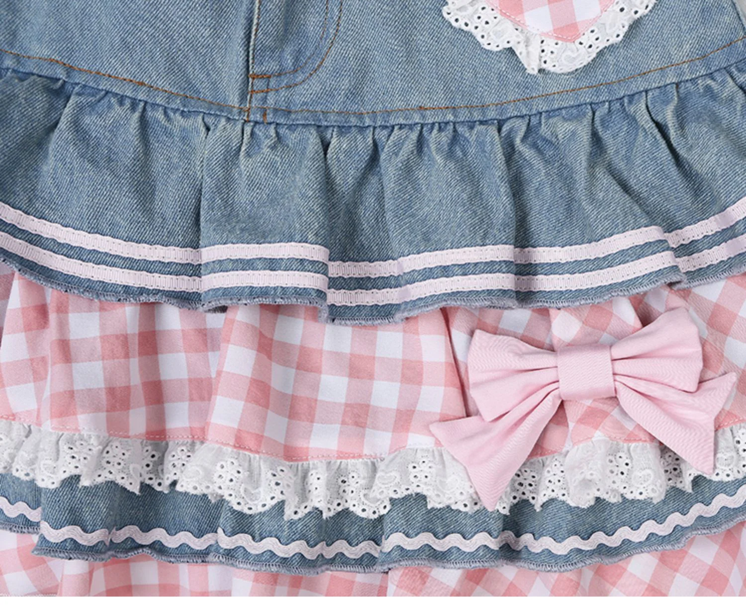 Coquette Pink Plaid Ruffled Denim Skirt - Image 4