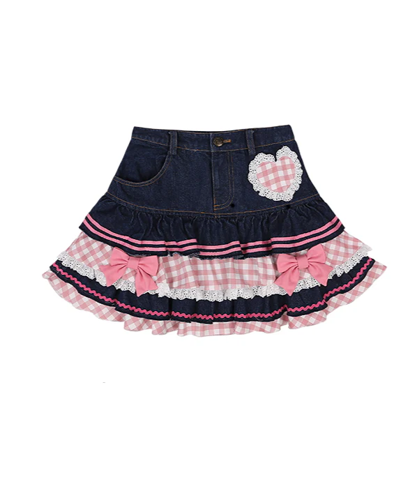 Coquette Pink Plaid Ruffled Denim Skirt - Image 5