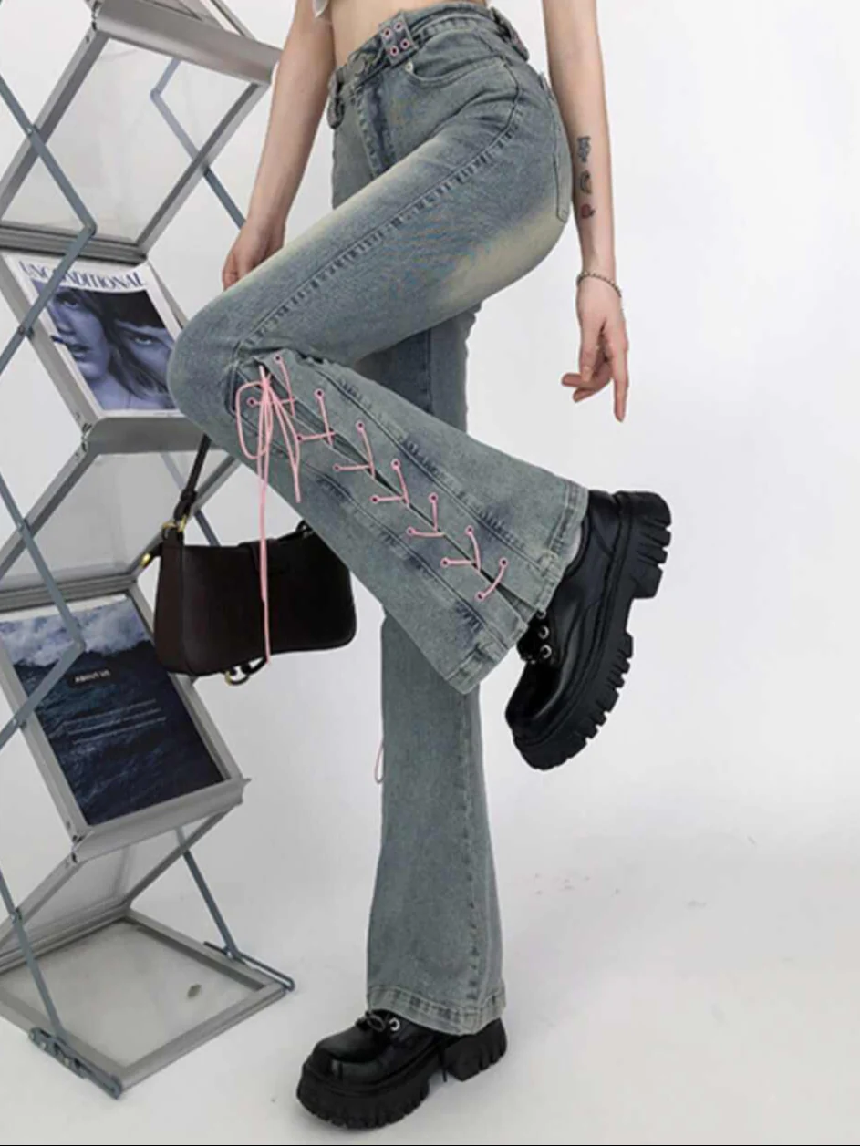 Coquette Pink Straps Flare Jeans - Image 4