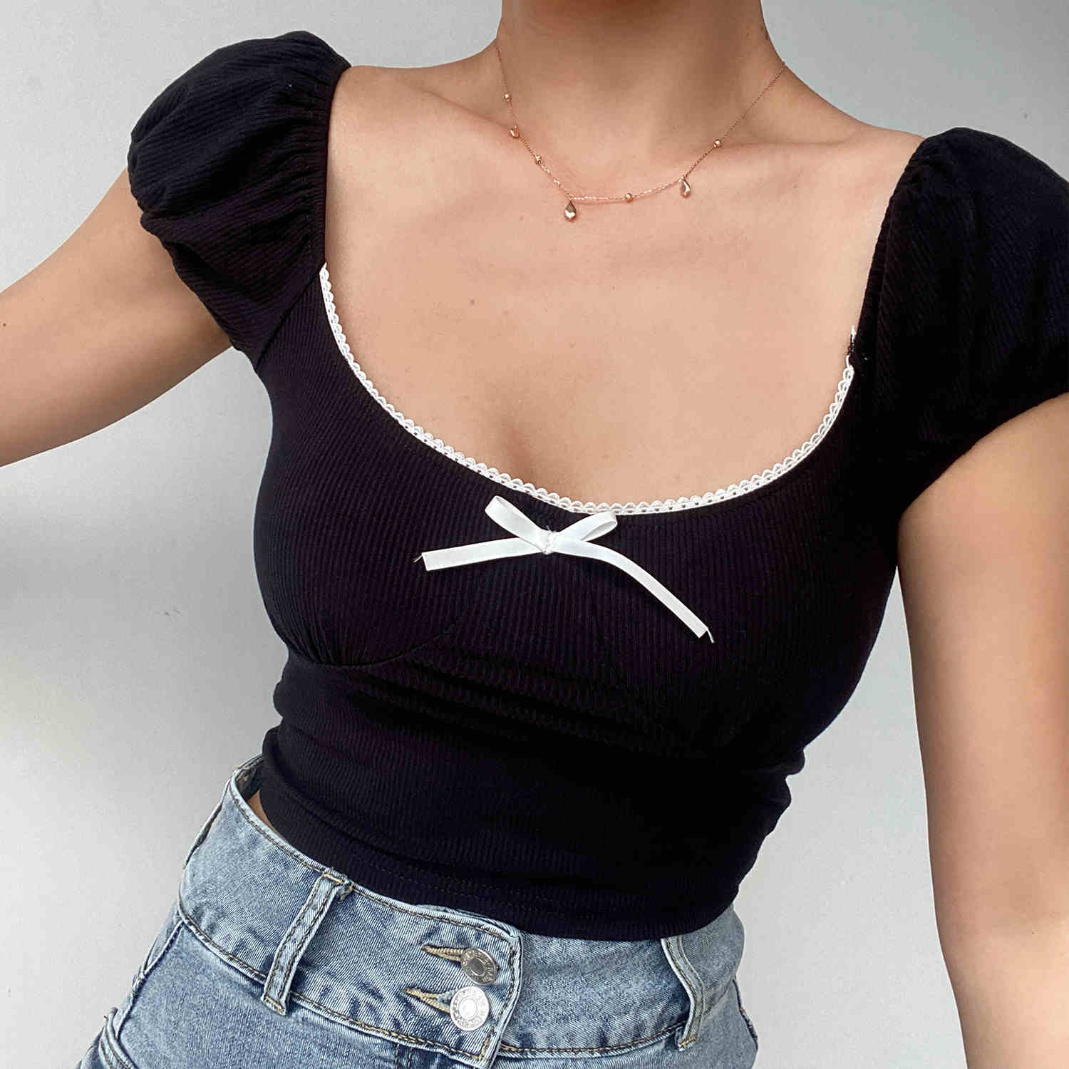 Coquette Puff Sleeve Bow Crop Top - Image 3