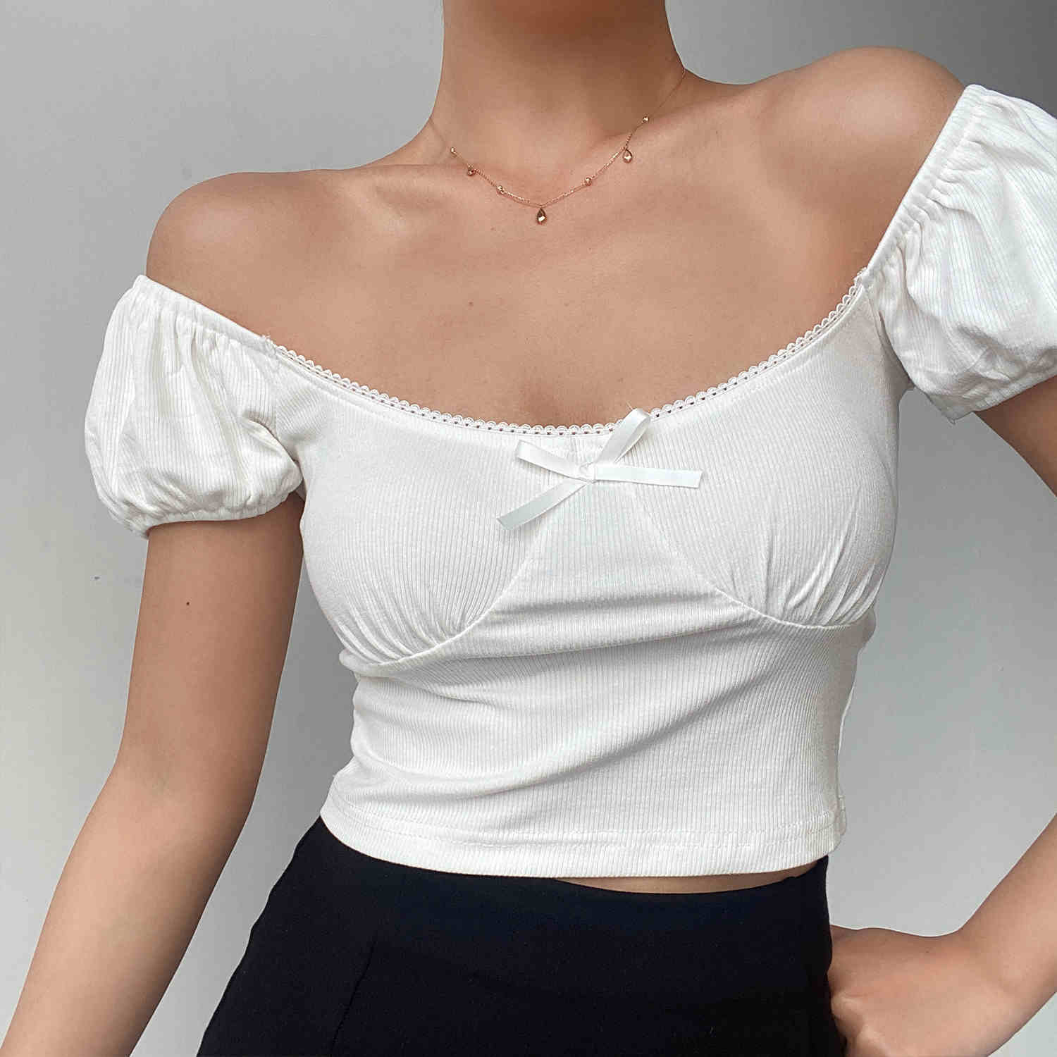 Coquette Puff Sleeve Bow Crop Top - Image 4