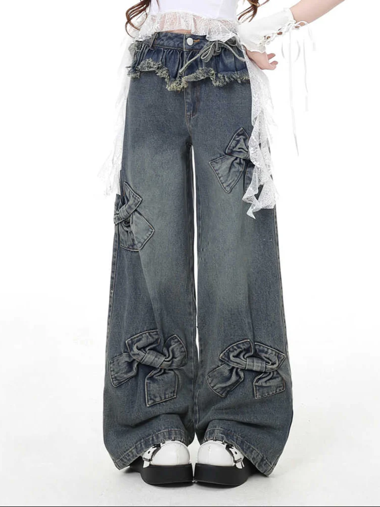 Coquette Retro Bow Distressed Baggy Jeans - Image 2