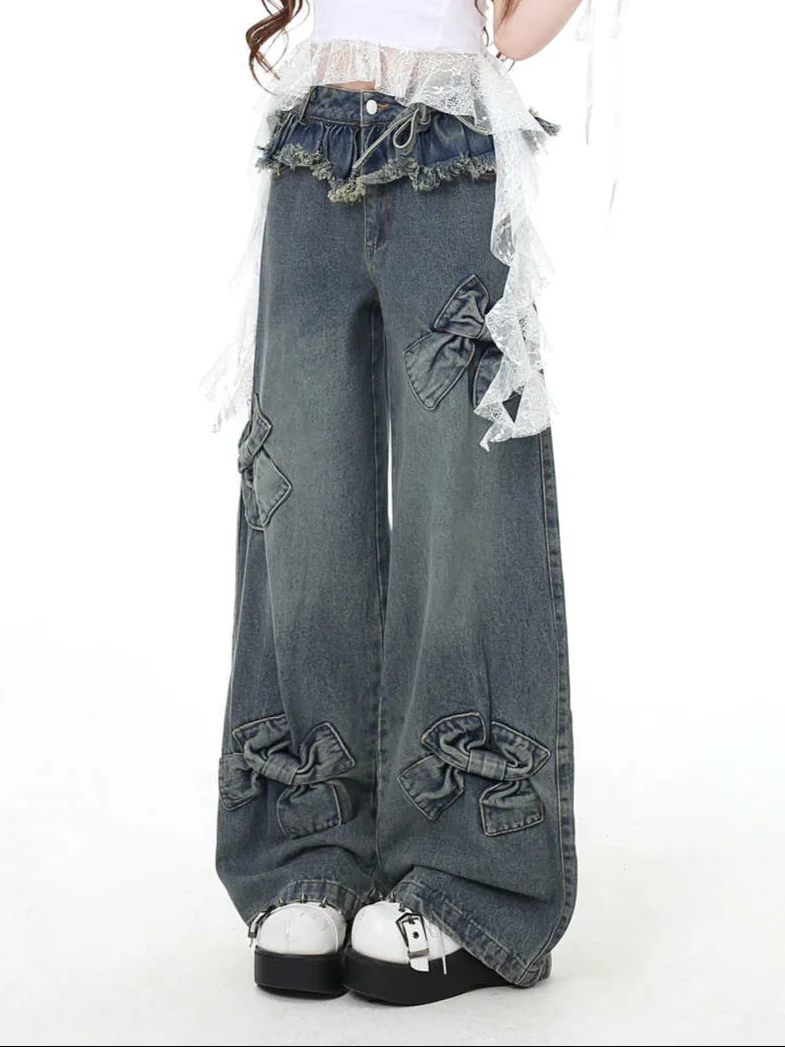 Coquette Retro Bow Distressed Baggy Jeans - Image 3