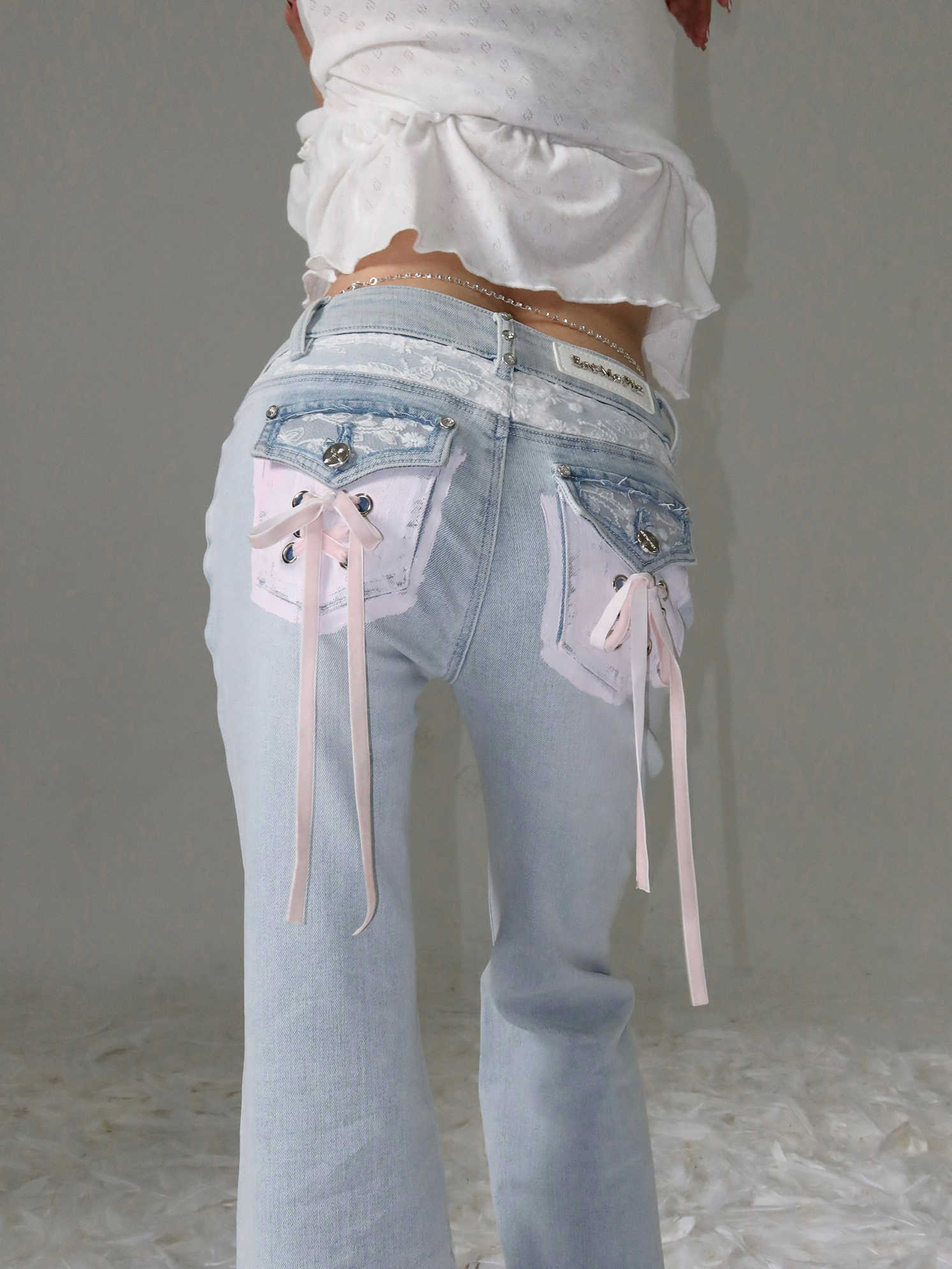 Coquette Rhinestone Lace Bow Strap Ballet Jeans - Image 10