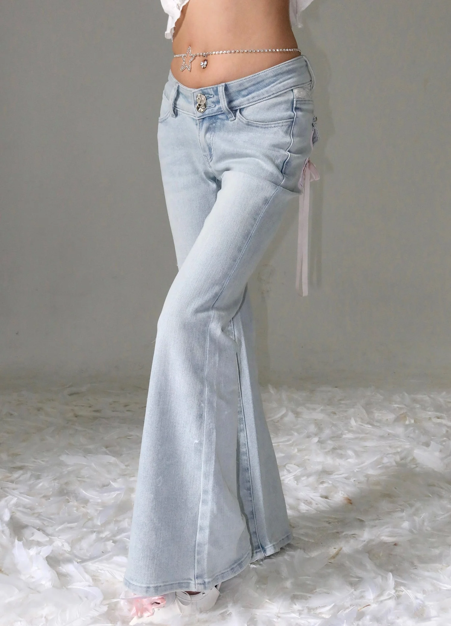 Coquette Rhinestone Lace Bow Strap Ballet Jeans - Image 2