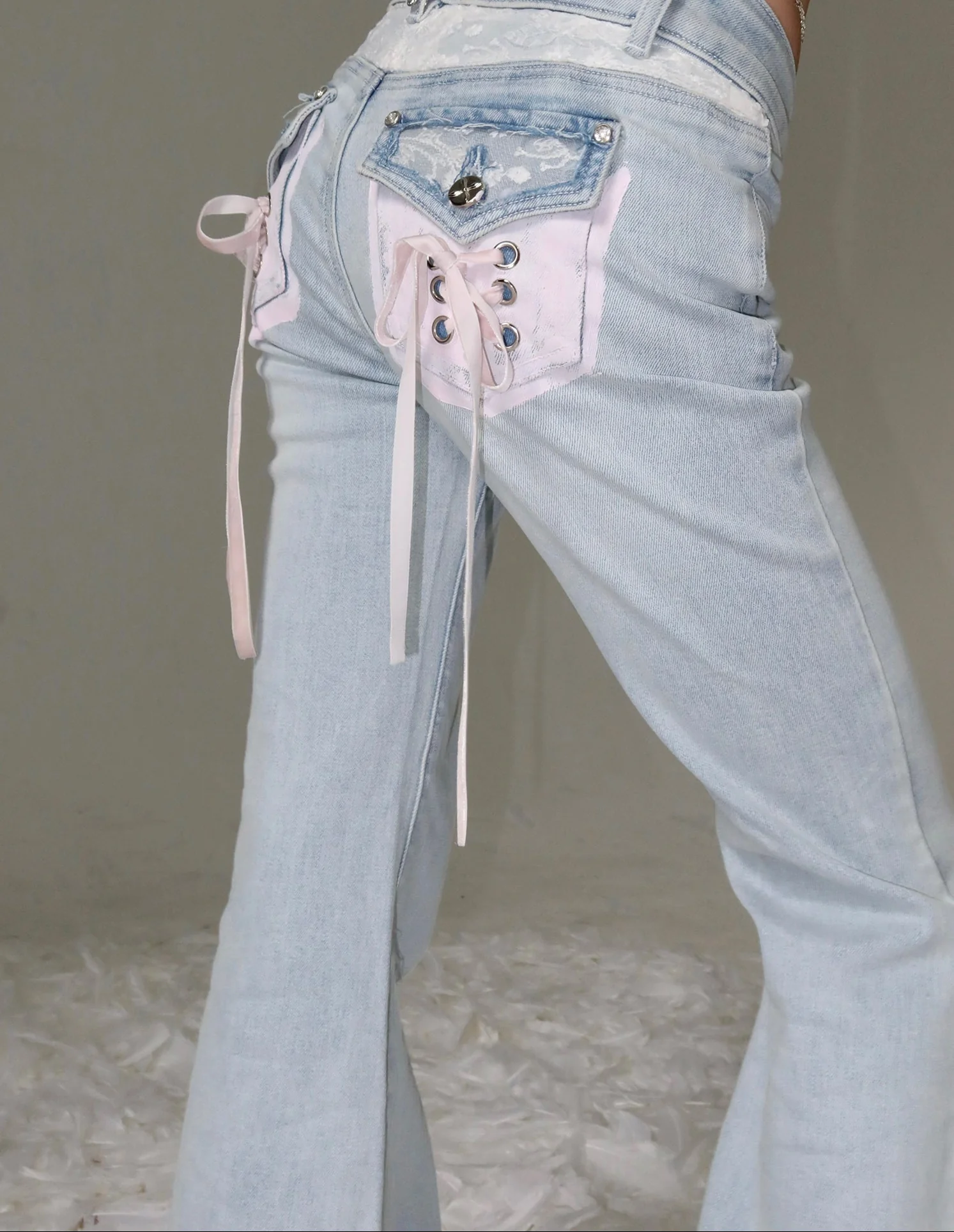 Coquette Rhinestone Lace Bow Strap Ballet Jeans - Image 4
