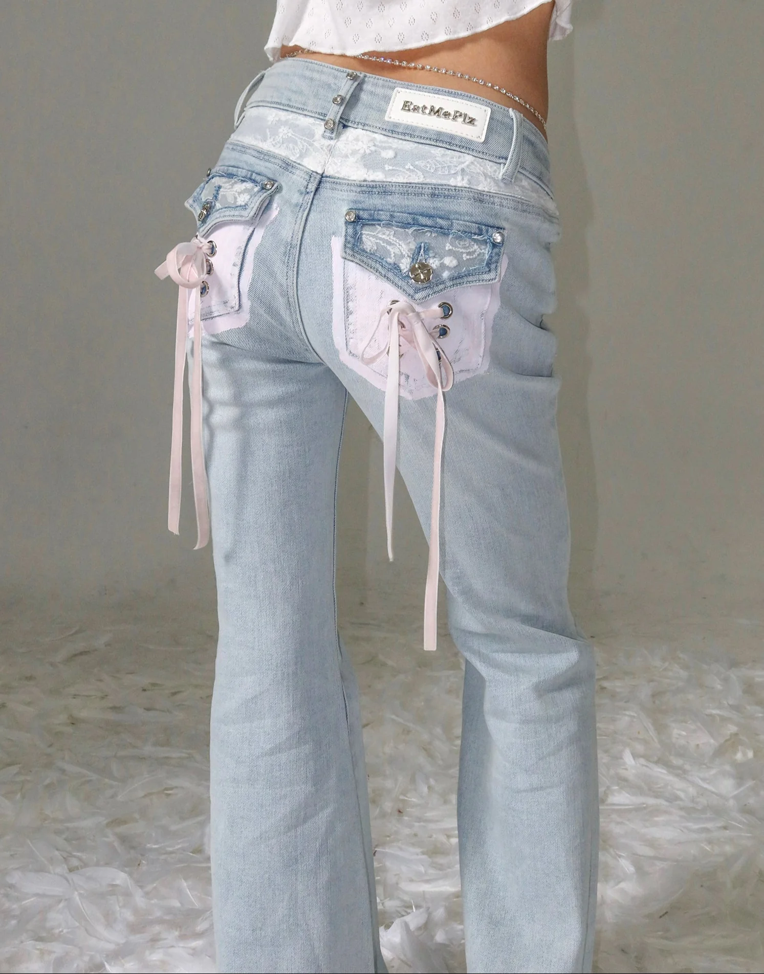 Coquette Rhinestone Lace Bow Strap Ballet Jeans - Image 5