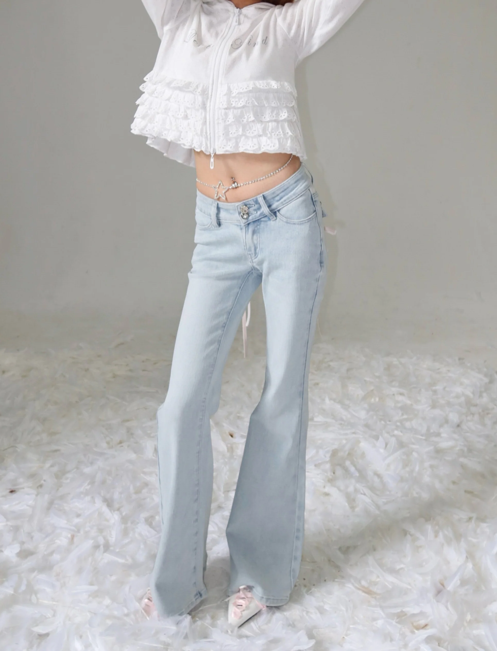 Coquette Rhinestone Lace Bow Strap Ballet Jeans - Image 7