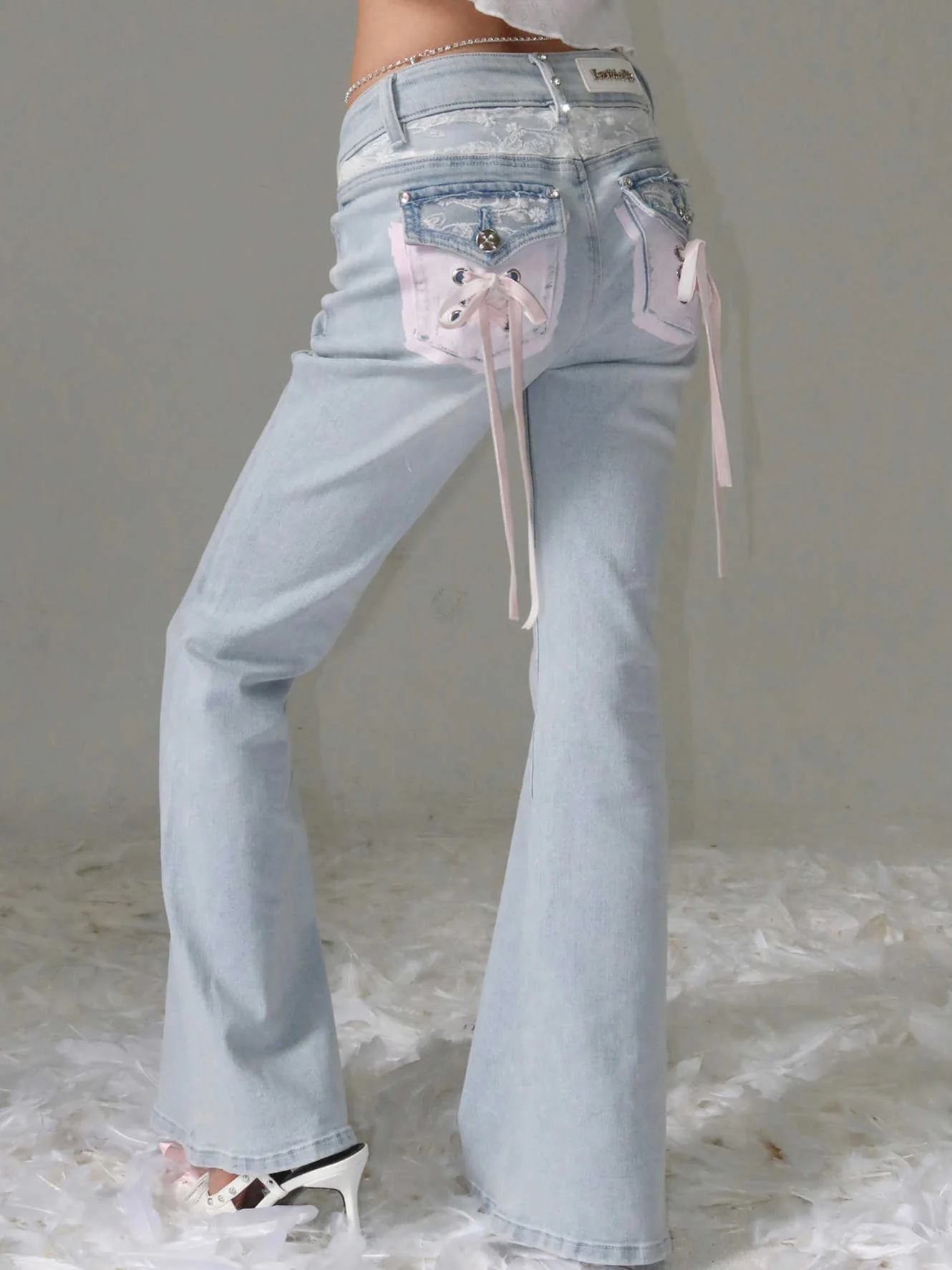Coquette Rhinestone Lace Bow Strap Ballet Jeans - Image 8
