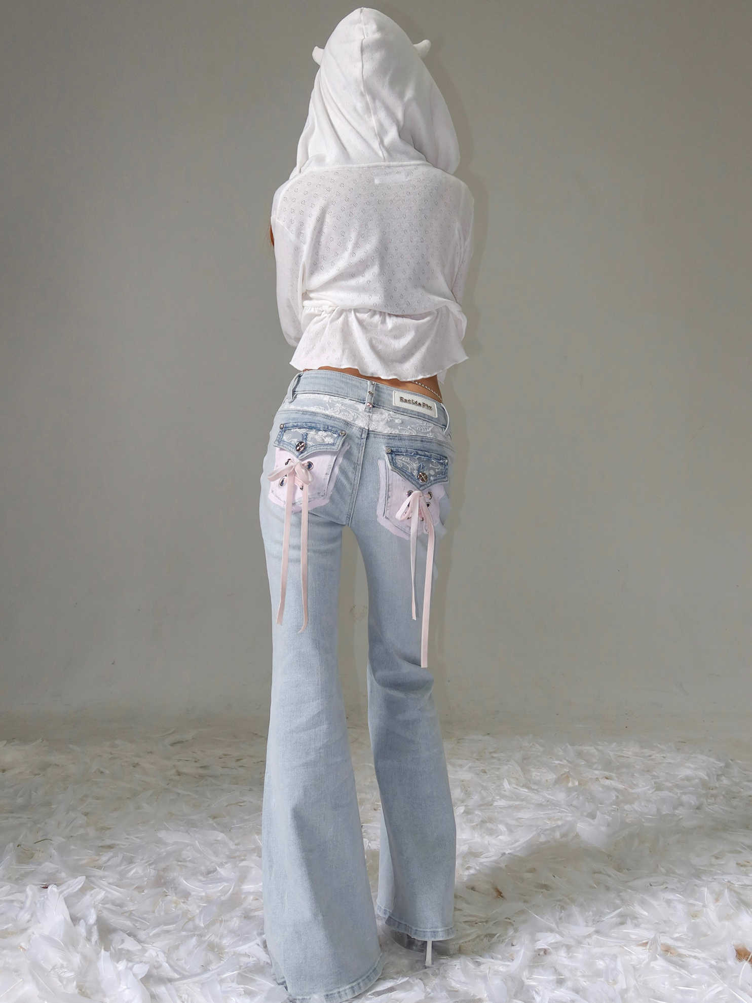 Coquette Rhinestone Lace Bow Strap Ballet Jeans - Image 9