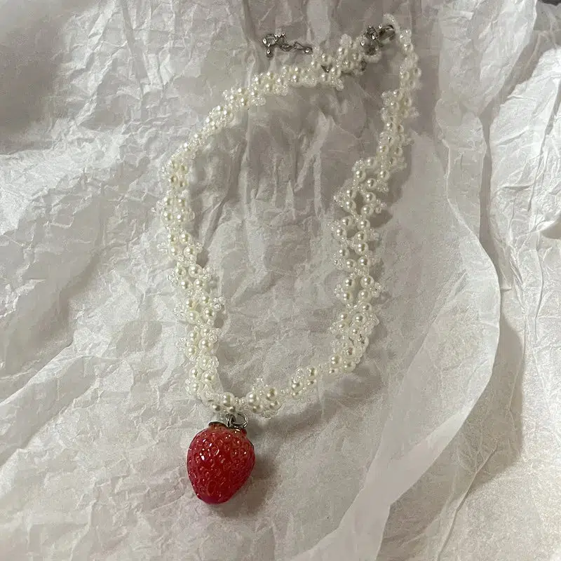 Coquette Strawberry Pearl Beaded Necklace - Image 2