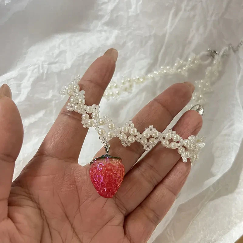 Coquette Strawberry Pearl Beaded Necklace - Image 3