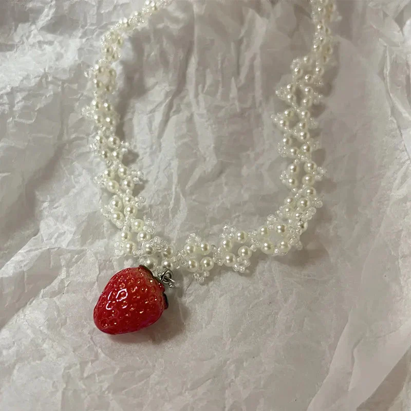 Coquette Strawberry Pearl Beaded Necklace - Image 4