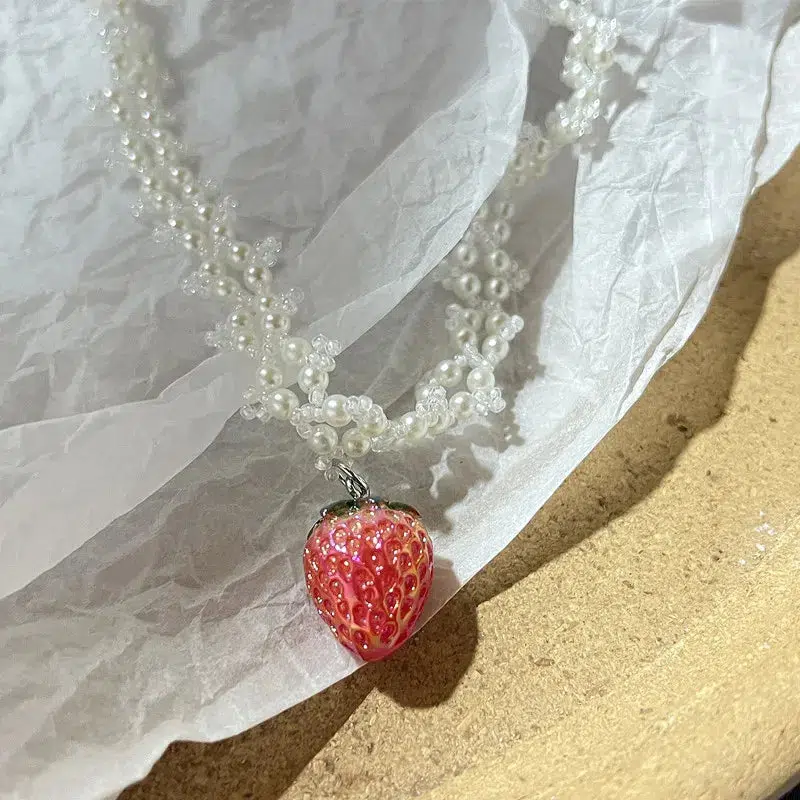 Coquette Strawberry Pearl Beaded Necklace - Image 5