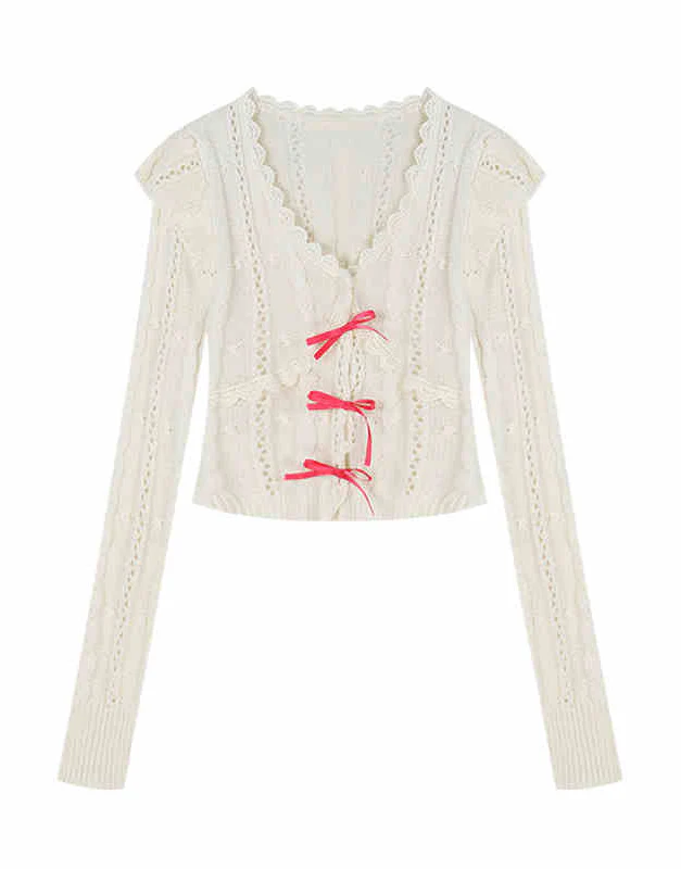 Coquette V-neck Bow Lace Long-sleeved Top
