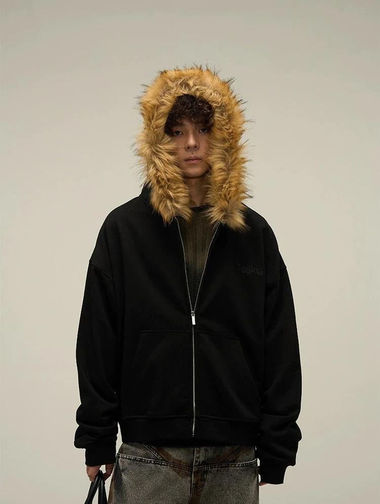 Cozy Luxe Oversized Fur Neck Zipper Hoodie Jacket - Image 2