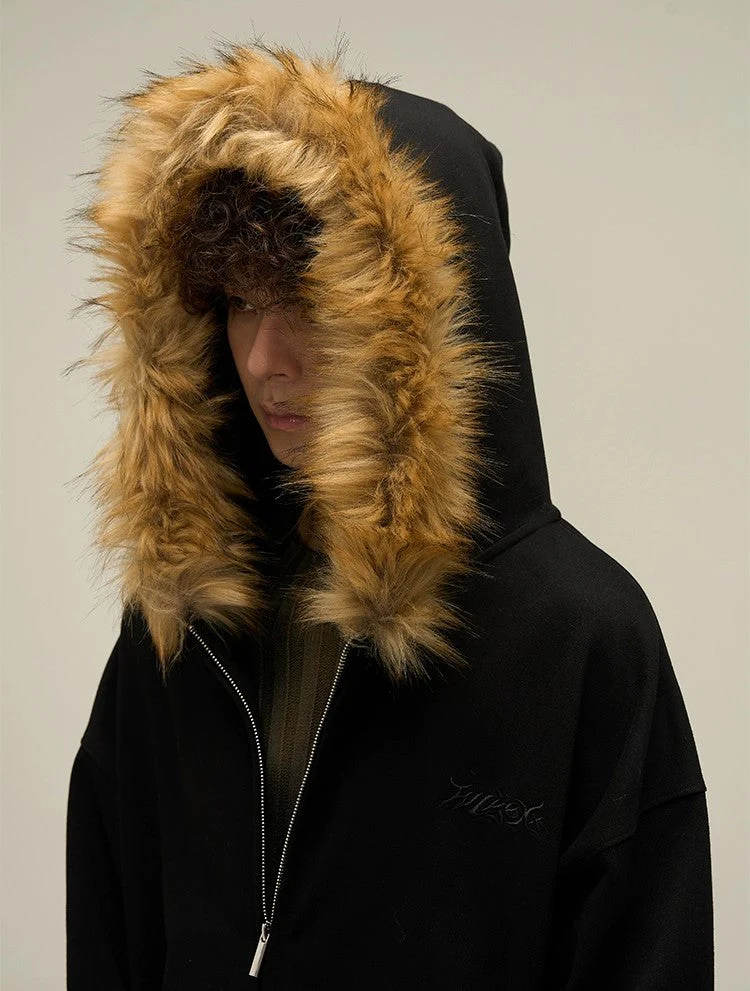 Cozy Luxe Oversized Fur Neck Zipper Hoodie Jacket - Image 5