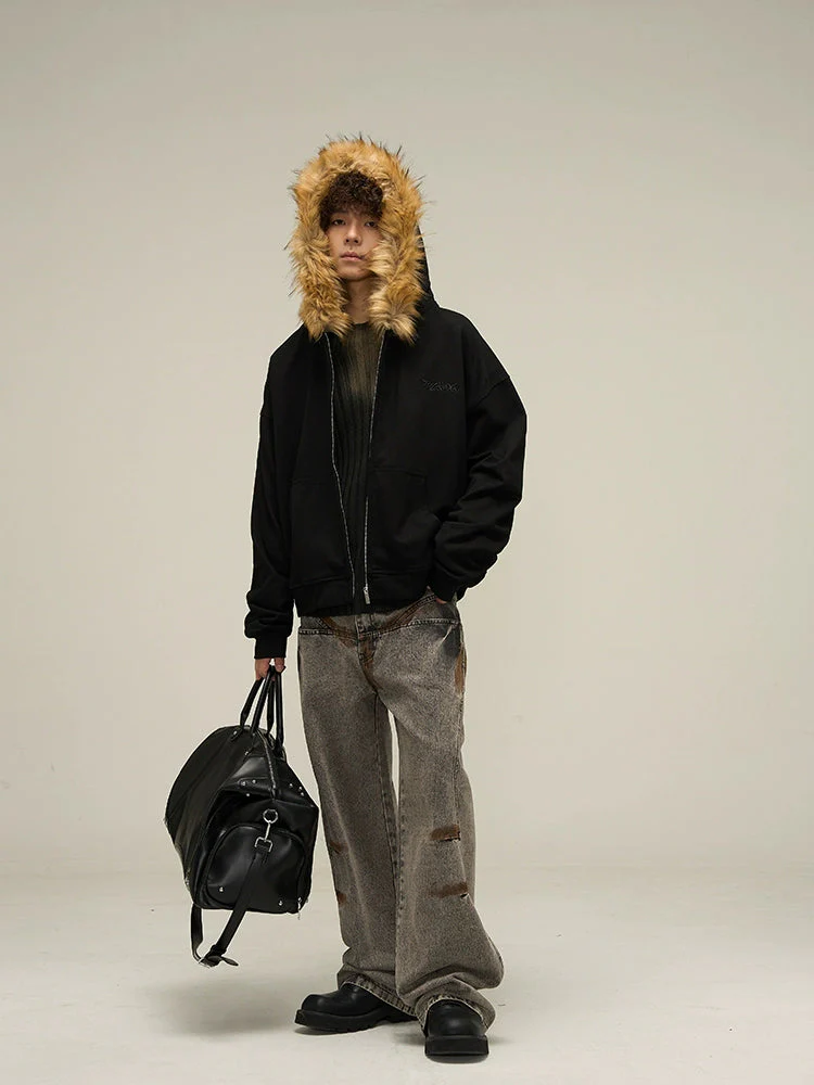 Cozy Luxe Oversized Fur Neck Zipper Hoodie Jacket - Image 6