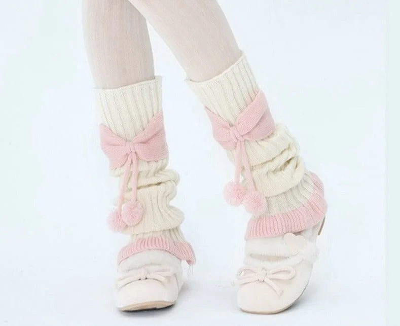 Cozy Pink Ribbed Bow Leg Warmers - Image 4