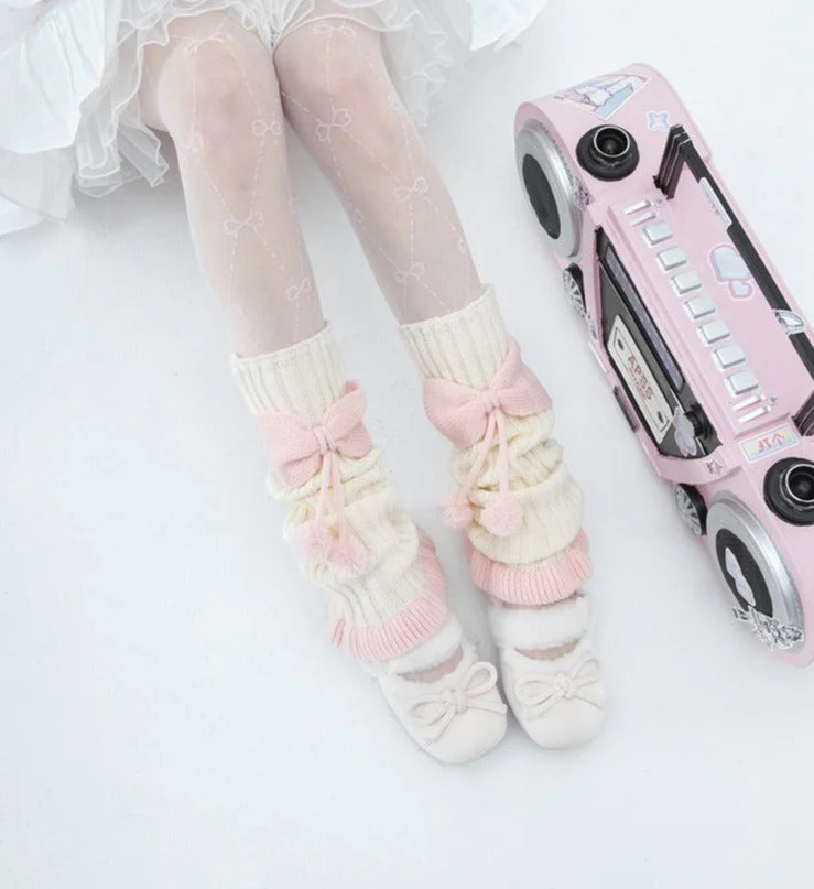 Cozy Pink Ribbed Bow Leg Warmers - Image 3