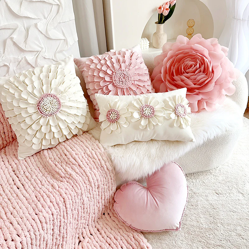cream style pink flower pillow - Image 9