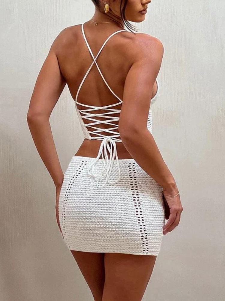 Crochet Lace Up Top & Mini Skirt Two Piece Coord - Image 2
