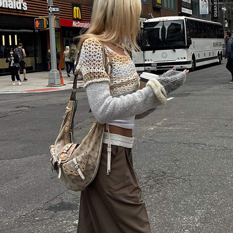 crochet street casual round neck striped long-sleeved top - Image 3
